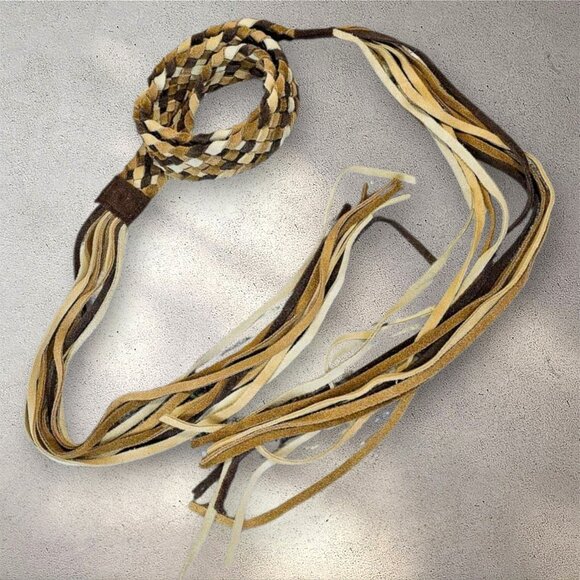 NWT New York & Co Boho Multi Brown Leather Braided Belt with Fringe Size M/L - Picture 2 of 7